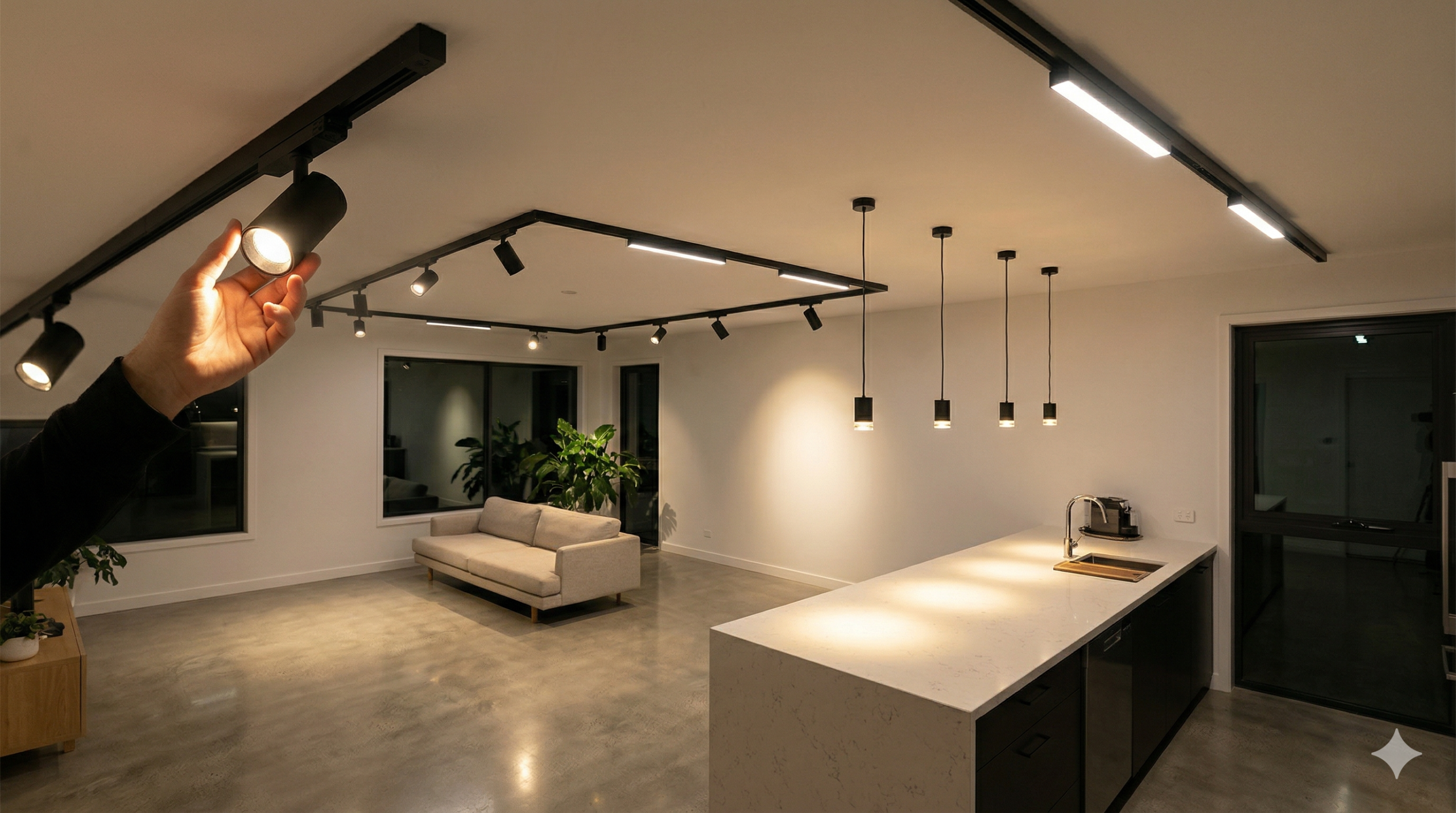 Magnet LED aydınlatma kullanılarak tasarlanmış modern tavan dekorasyonu ve aydınlatma çözümü.