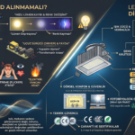 Ucuz led aydınlatma zararları, yangın riski ve kaliteli led armatür seçimi için UGR, CRI ve lümen standartlarını gösteren teknik şema.