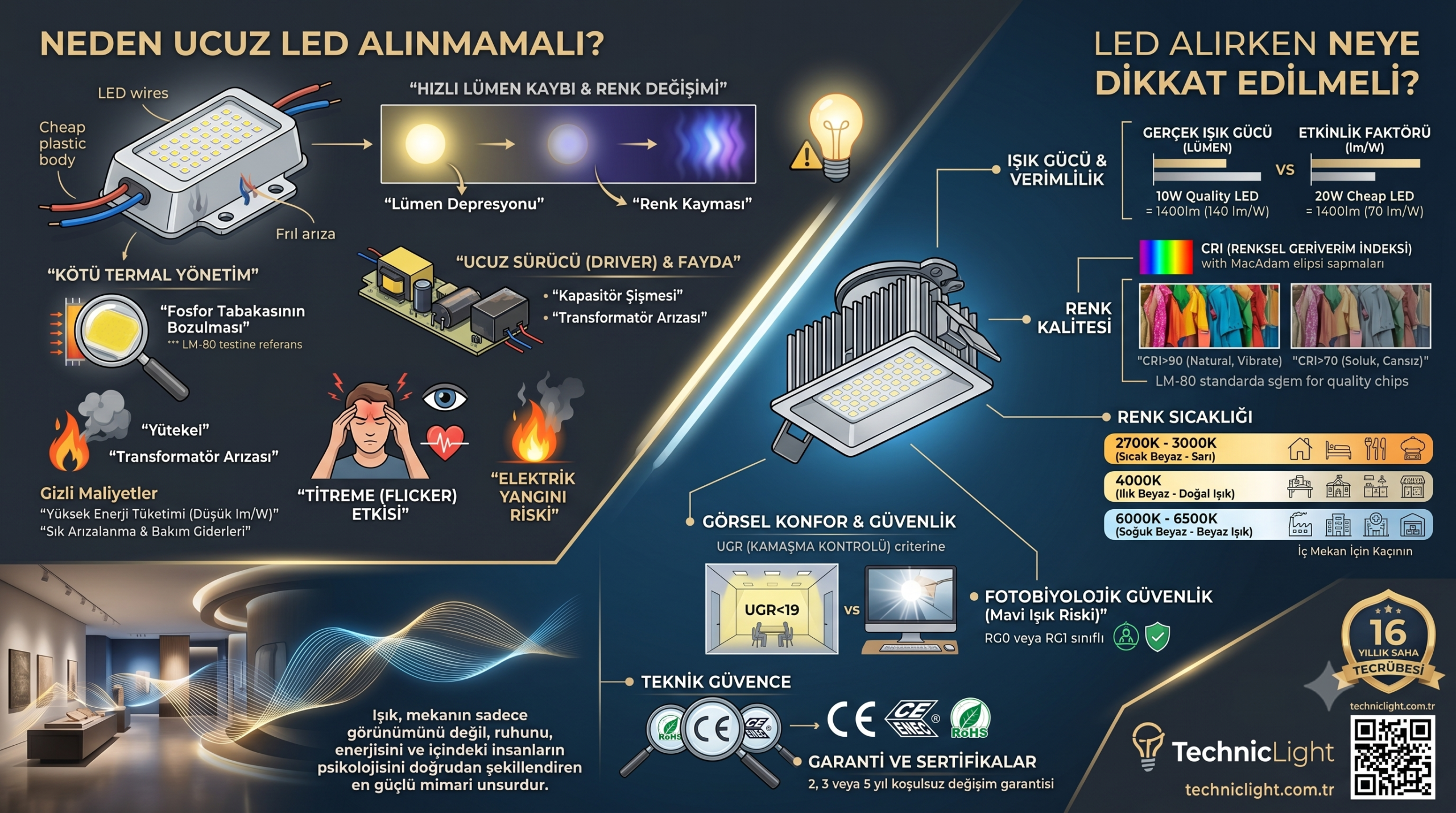 Ucuz led aydınlatma zararları, yangın riski ve kaliteli led armatür seçimi için UGR, CRI ve lümen standartlarını gösteren teknik şema.